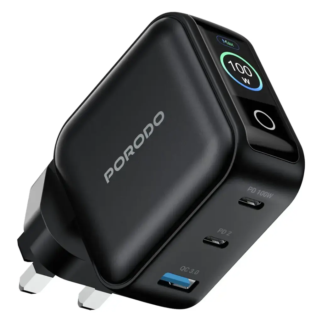 PORODO NEXORA 100W 3 PORT WALL CHARGER WITH LCD DISPLAY BLACK PDWCP5010BK thumbnail 2