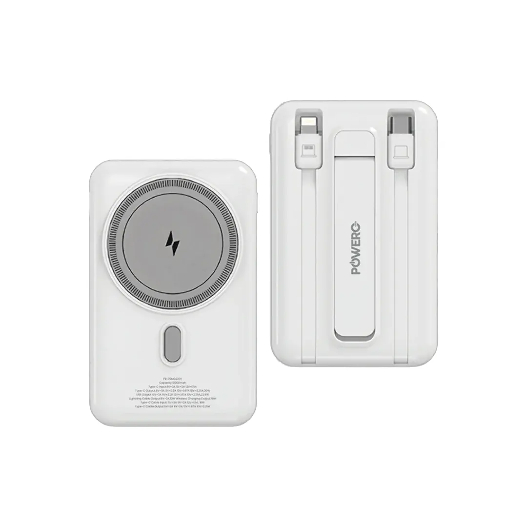 POWERO PLUS 22.5W 10000MAH MAG GRIP MAGSAFE POWERBANK WITH USB C AND LIGHTNING CABLE WHITE PR-PBMG220T-WH thumbnail 2