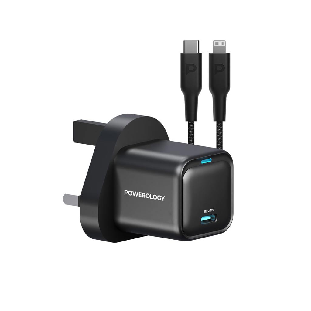 POWEROLOGY ULTRA COMPACT GAN CHARGER WITH USB-C TO LIGHTNING CABLE 1.2M  PD 20W BLACK PWCUQC016-L thumbnail 2