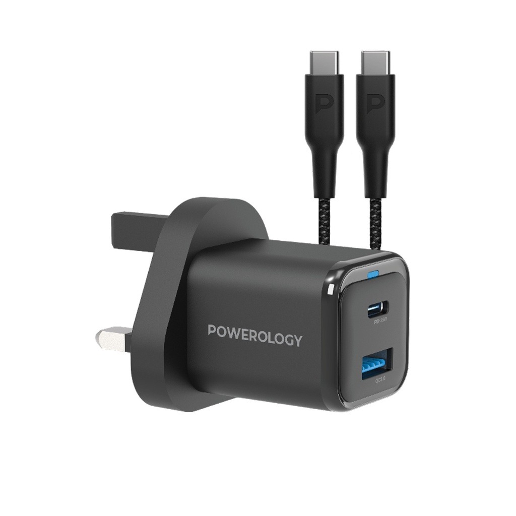 POWEROLOGY DUAL PORT SUPER COMPACT QUICK CHARGER WITH  USB-C TO USB -C CABLE 1.2M BALCK PWCUQC023-C thumbnail 2