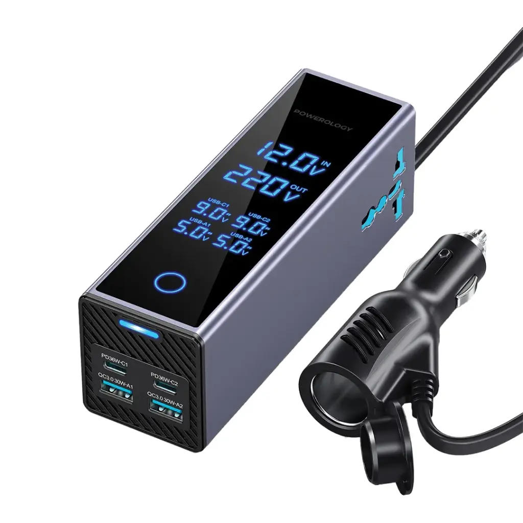 POWEROLOGY 2AC SOCKET CAR POWER INVERTER 300W PD36W BLACK PWCUQC044 thumbnail 2