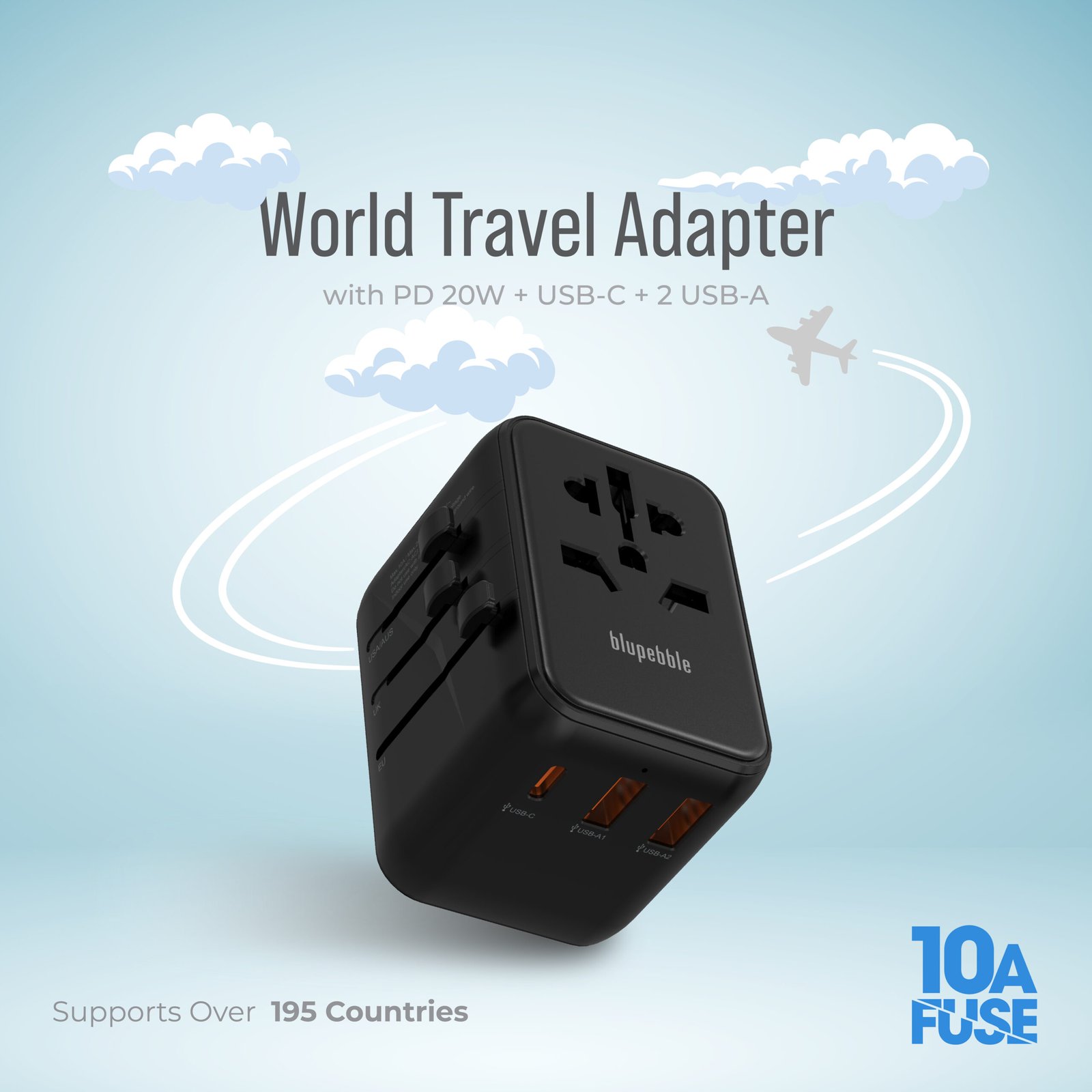 BLUPEBBLE PASSPORT 3.1 WORLD TRAVEL ADAPTER WITH PD 20W + 1 USB-C + 2USB-A thumbnail 2