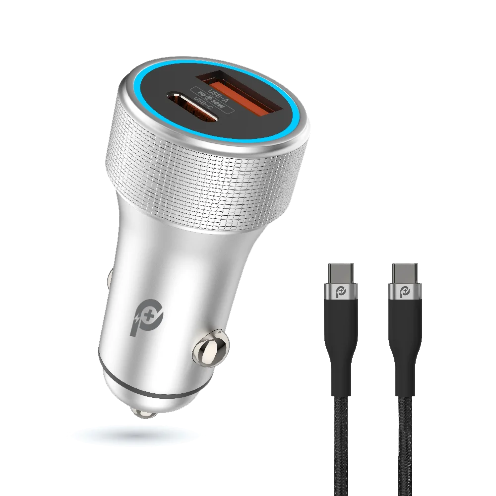 POWERO PLUS 48W POWER EXTREME DUAL PORT CAR CHARGER WITH TYPE C TO TYPE C CABLE PD30W GREY PR-CCPD48CC-GY thumbnail 2