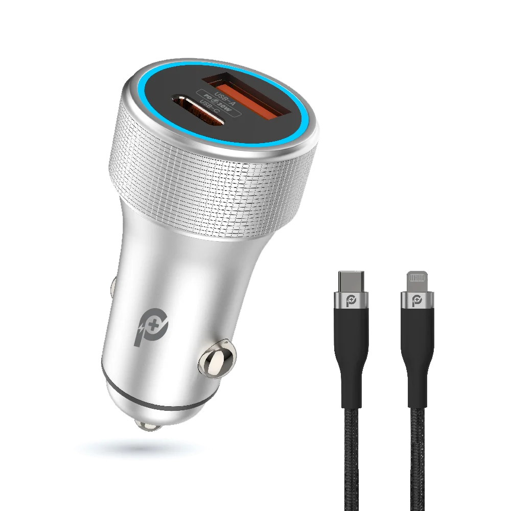 POWERO PLUS 48W POWER EXTREME DUAL PORT CAR CHARGER WITH TYPE C TO LIGHTNING CABLE PD30W GREY PR-CCPD48CC-GY thumbnail 2
