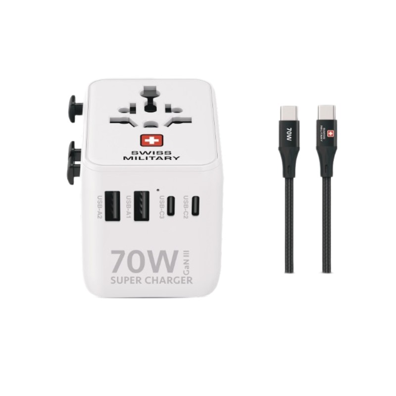 SWISS MILITARY 70W TRAVEL ADAPTER GAN II SUPER CHARGER WITH USB C TO USB C CABLE WHITE SM-TC-70W-GAN-MINI-WLD-WHITE thumbnail 2