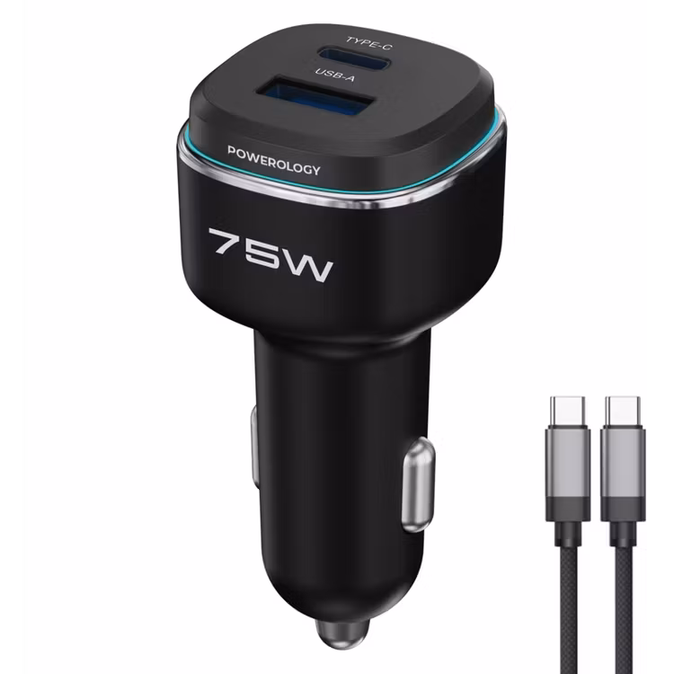 POWEROLOGY 75W DUAL PORT HIGH POWER CAR CHARGER WITH TYPE C CABLE BLACK/GRAY PCCSR024BKGYC thumbnail 2
