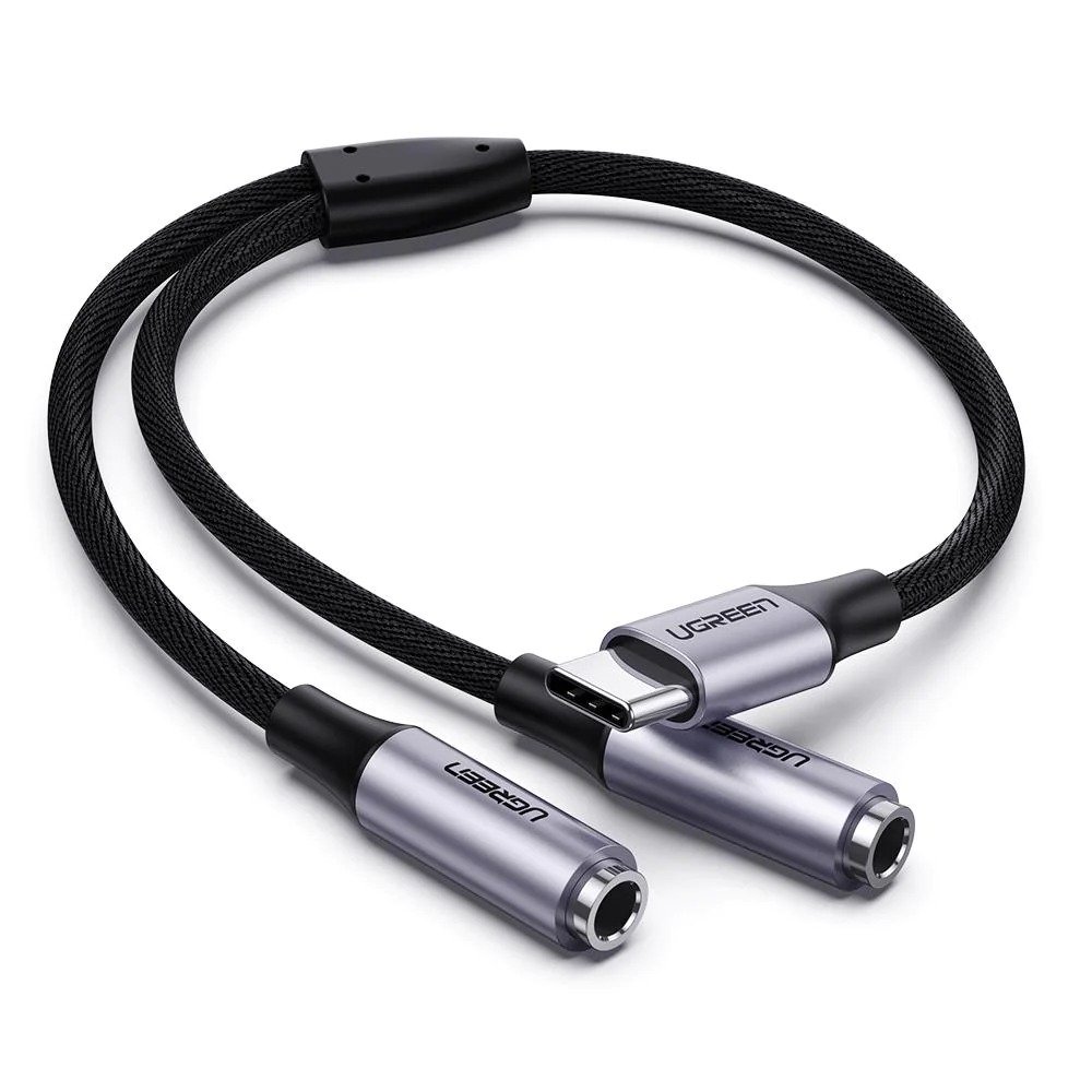 UGREEN USB TYPE C MALE TO 3.5MM 2 FEMALE AUDIO CABLE 25CM SILVER 30732 thumbnail 2