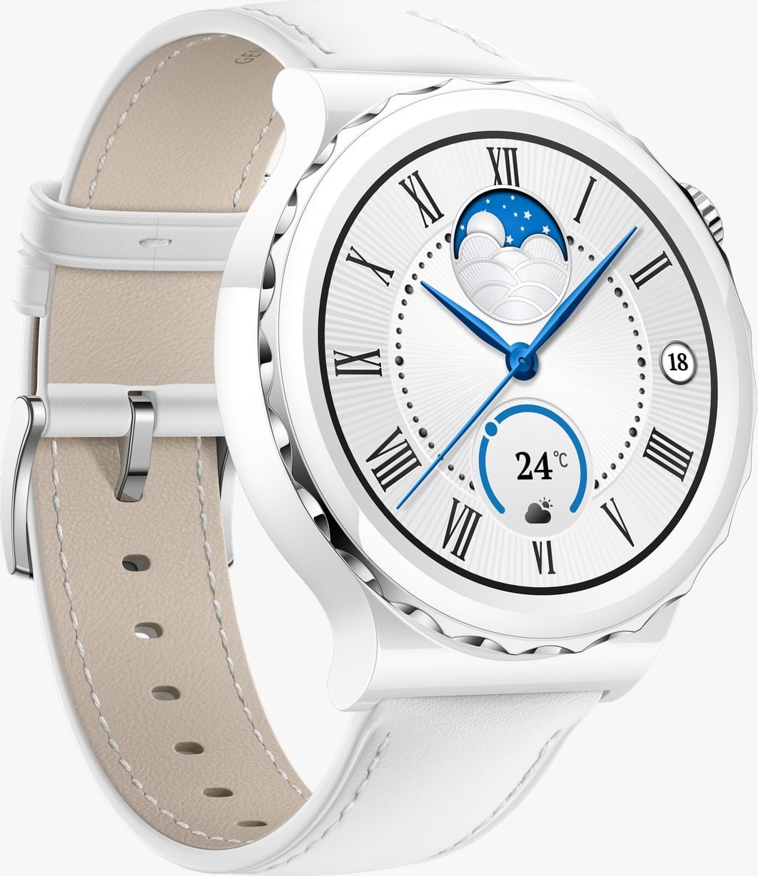 HUAWEI GT 3 PRO 43MM SILVER BEZEL WHITE CERAMIC CASE WITH WHITE LEATHER STRAP FRG-B19 thumbnail 2