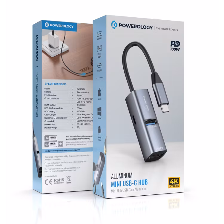 POWEROLOGY ALUMINUM MINI USB-C HUB PD100W BLACK PWJT424BK thumbnail 2