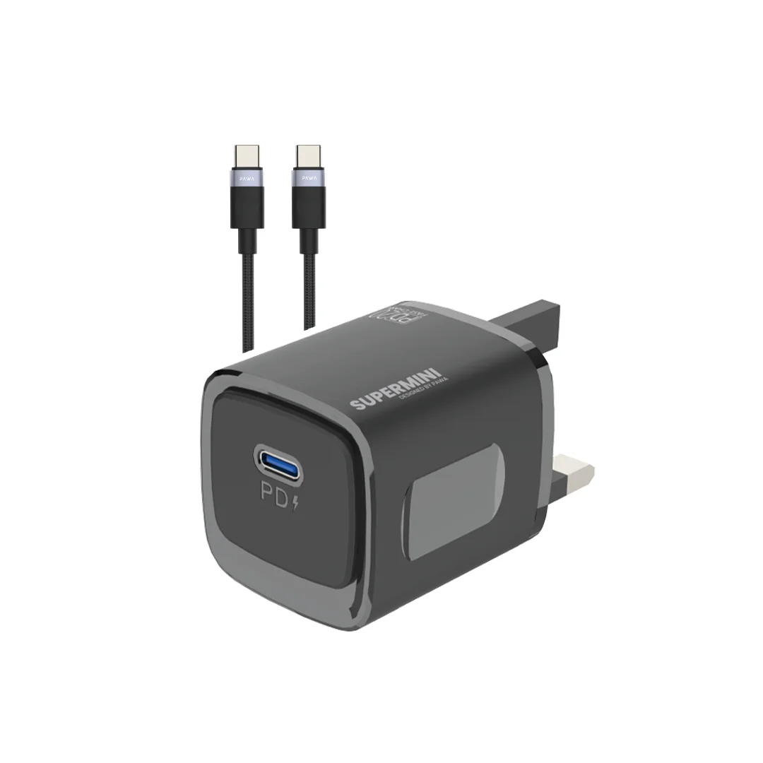 PAWA SUPERMINI TRAVEL CHARGER TYPE C PORT PD20 WITH BRAIDED TYPE C CABLE BLACK PW-TCSP20UT-BK thumbnail 2