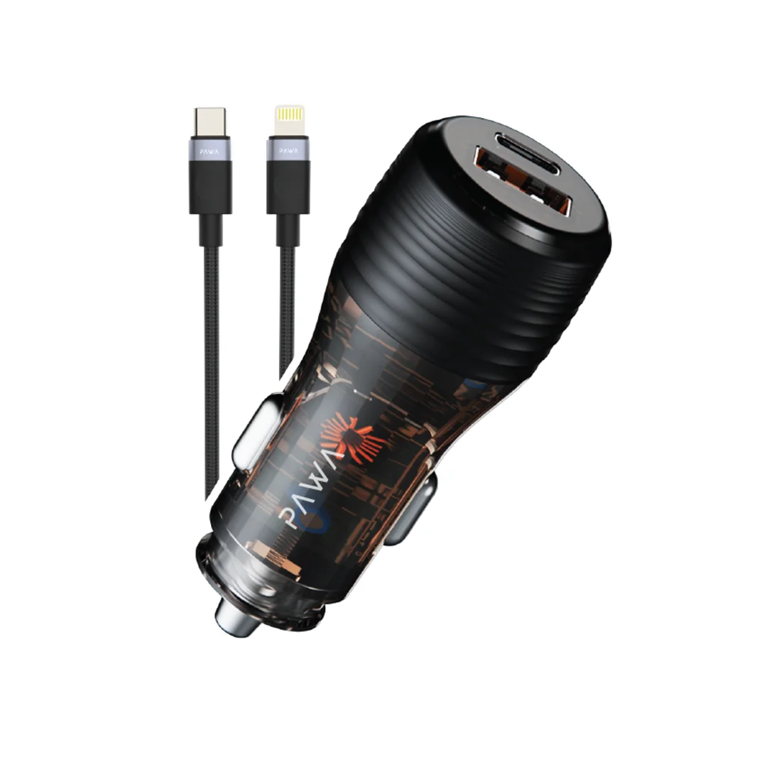 PAWA SOLID CAR CHARGER DUAL PORT PD+QC WITH BRAIDED USB C TO LIGHTNING CABLE 51W TRANSPARENT PW-CC51CA1L-TP thumbnail 2