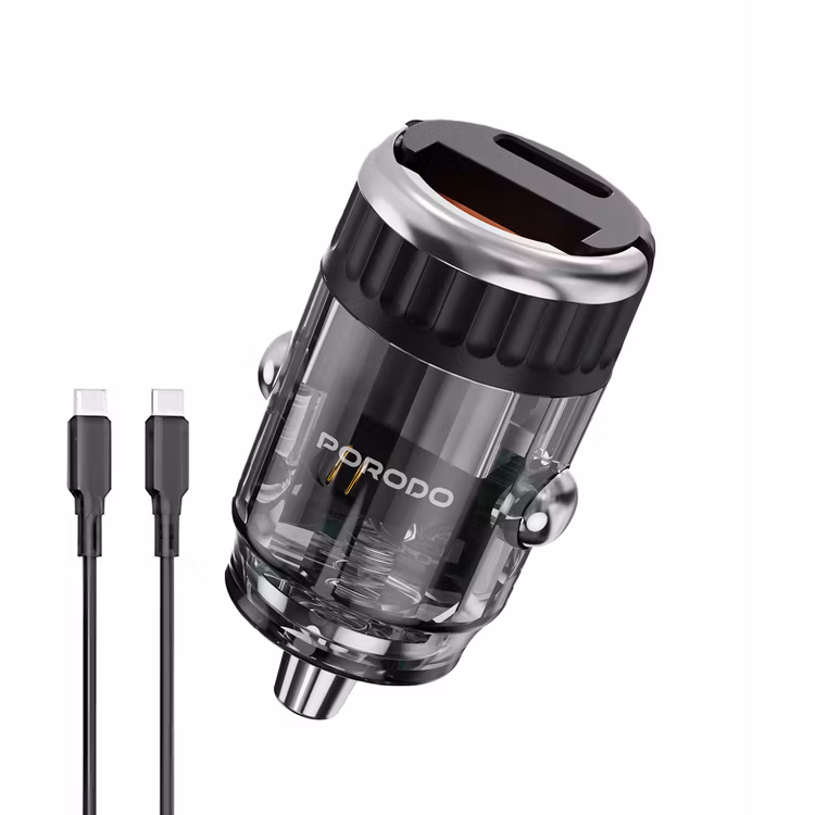 PORODO DUAL PORT TRANSPARENT CAR CHARGER WITH PULL RING HOLDER BLACK WITH USB C TO USB C CABLE PDFWCH086CBK thumbnail 2