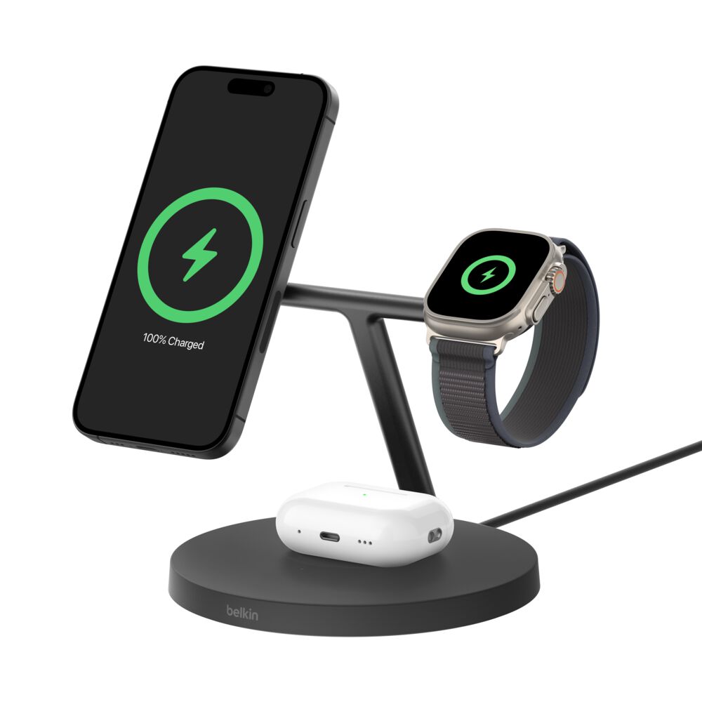 BELKIN BOOST CHARGE PRO 15W 3 IN 1 WIRELESS CHARGING STAND WITH MAGSAFE BLACK WIZ032MYBK thumbnail 2