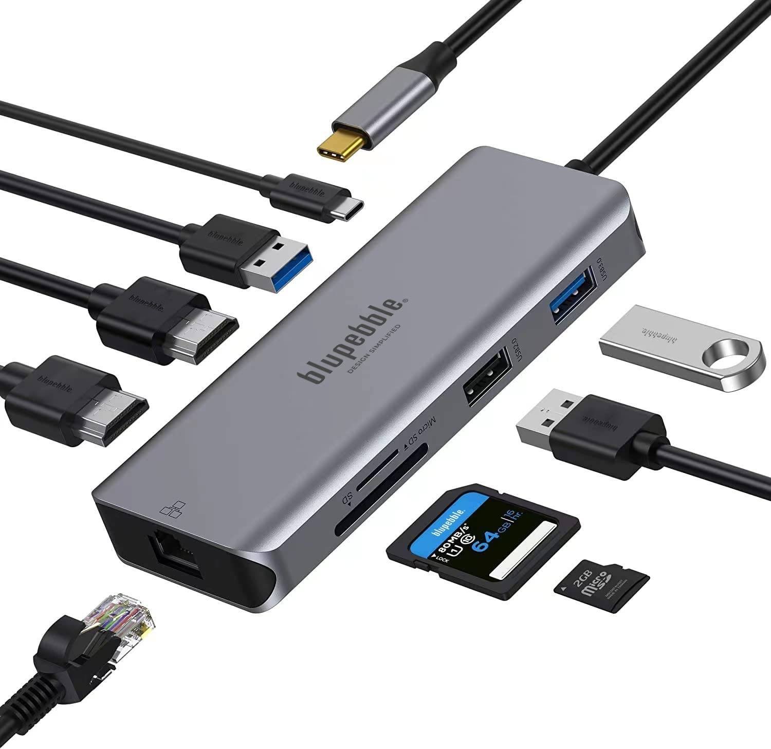 BLUPEBBLE 100W C9 HUB ALUMINUM 9 IN 1 MULTIMEDIA GRAY BP-C9MULTIHUB9IN1-GY thumbnail 2