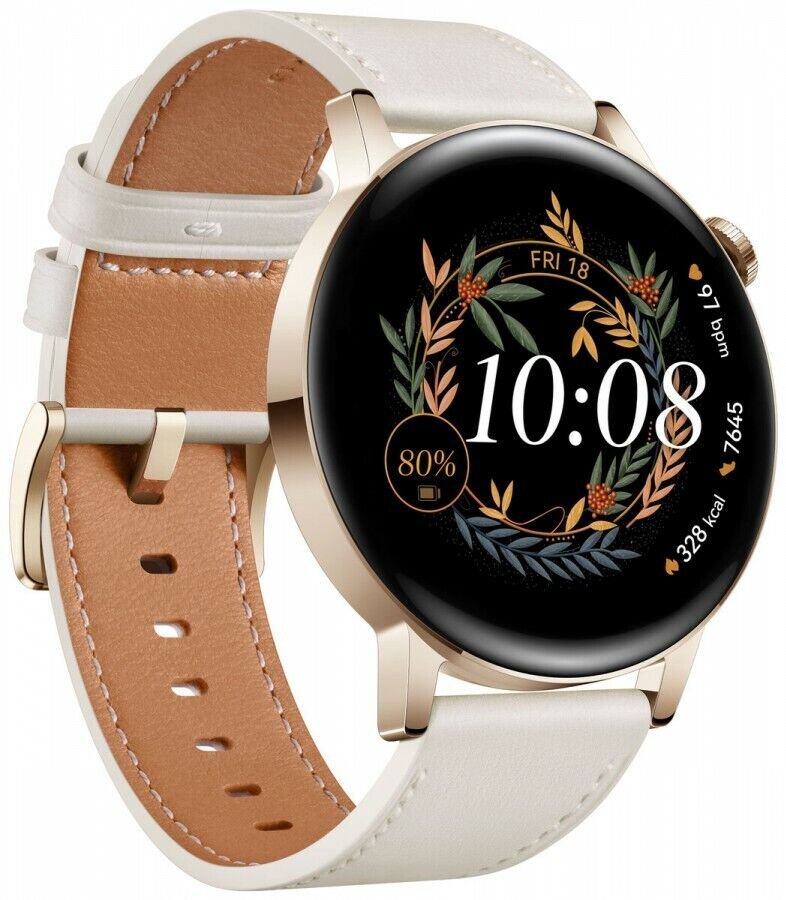 HUAWEI WATCH GT3 42MM STAINLESS STEEL CASE GOLD WITH WHITE LEATHER STRAP MIL-B19 thumbnail 2