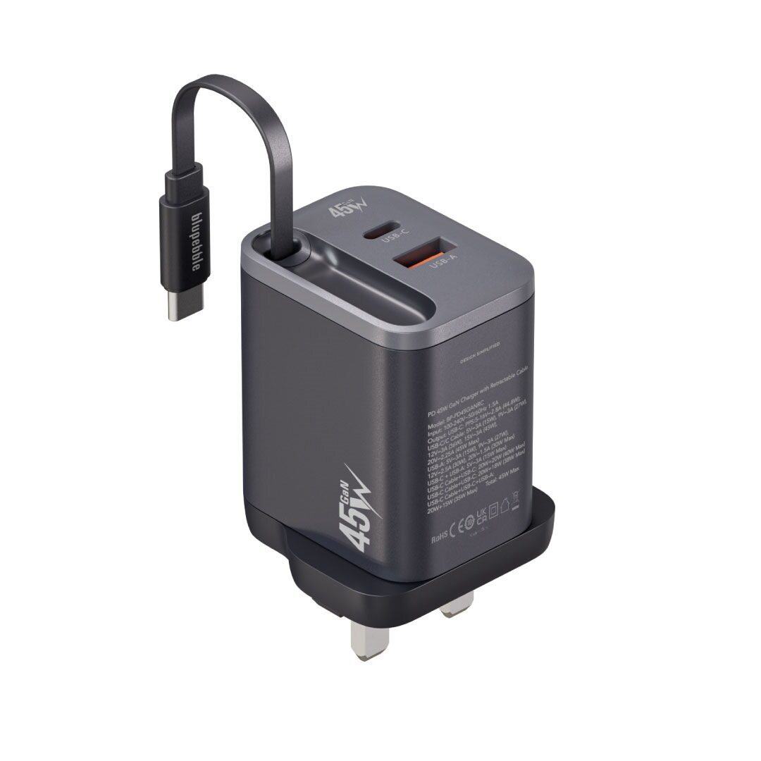 BLUPEBBLE POWERCORE 45W 2 PORTS PD GAN FAST CHARGER PD45W BLACK BP-PD45GANRC-BK thumbnail 2