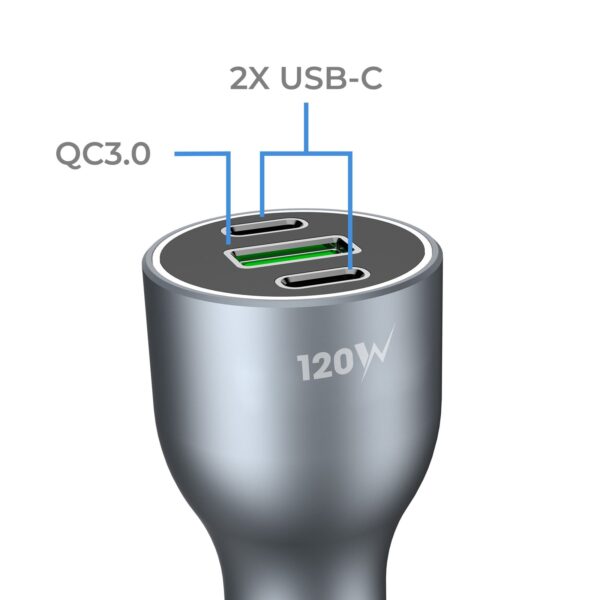 BLUPEBBLE NAVI POWER 120W WITH 2XUSB-C PD UPTO 100 WATT AND 1XUSB-A QC FAST CHARGING CAR CHARGER BP-CC0120-SG - Image 4