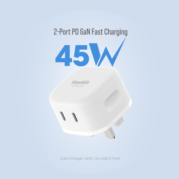 BLUPEBBLE 2 PORT PD GAN FAST CHARGER 45W WHITE BP-PD45GANUK-WH - Image 3