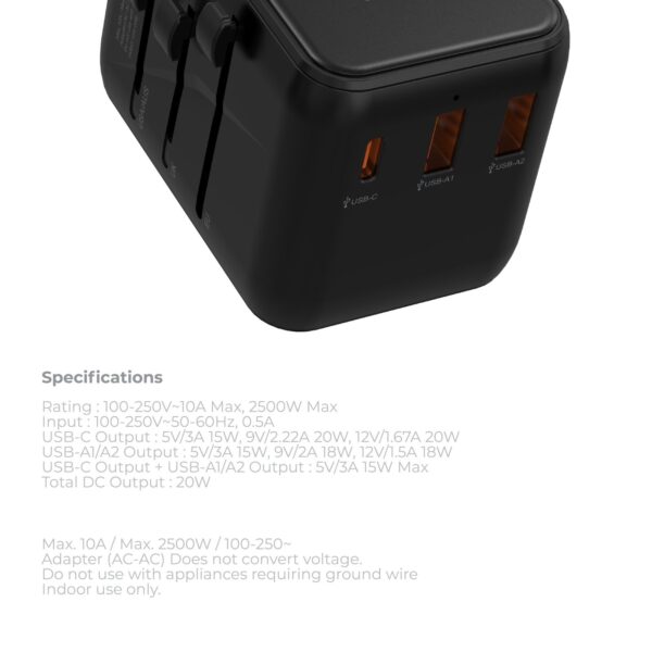 BLUPEBBLE PASSPORT 3.1 WORLD TRAVEL ADAPTER WITH PD 20W + 1 USB-C + 2USB-A - Image 10