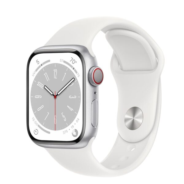 APPLE WATCH SERIES 8 45MM GPS + CELLULAR SILVER ALUMINIUM CASE WITH WHITE SPORT BAND MP4J3