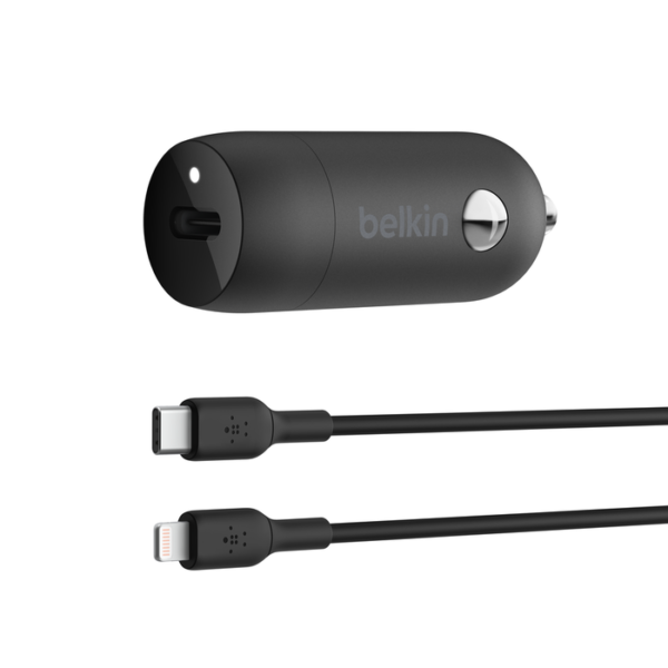 BELKIN BOOST CHARGE USB C CAR CHARGER WITH PPS 30W USB C CABLE WITH LIGHTNING CONNECTOR 1M BLACK CCA004BT1MBK-B5