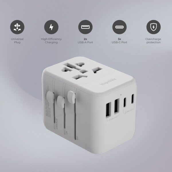 Bluepebble Passport 5 World Travel Adapter with GaN III Tech - 35W, 3 USB-C & 2 USB-A BP-TVL005 - Image 6