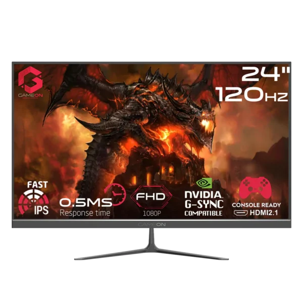 The GAMEON 24-Inch Gaming Monitor (Model: GOES24FHD120IPS) elevates your gaming experience with Full HD visuals and a fast 120Hz refresh rate.