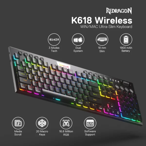 Redragon Horus Wireless RGB Mechanical Keyboard (K618RGB-Pro, Red Switches) - Ultra-Thin Design with Dynamic Lighting - Image 12