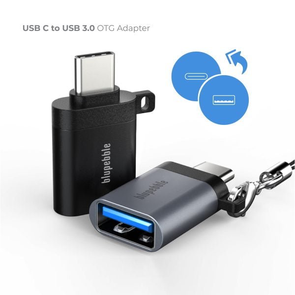 BLUPEBBLE USB-C MALE TO USB 3.0 A FEMALE OTG ADAPTER in black and grey colors